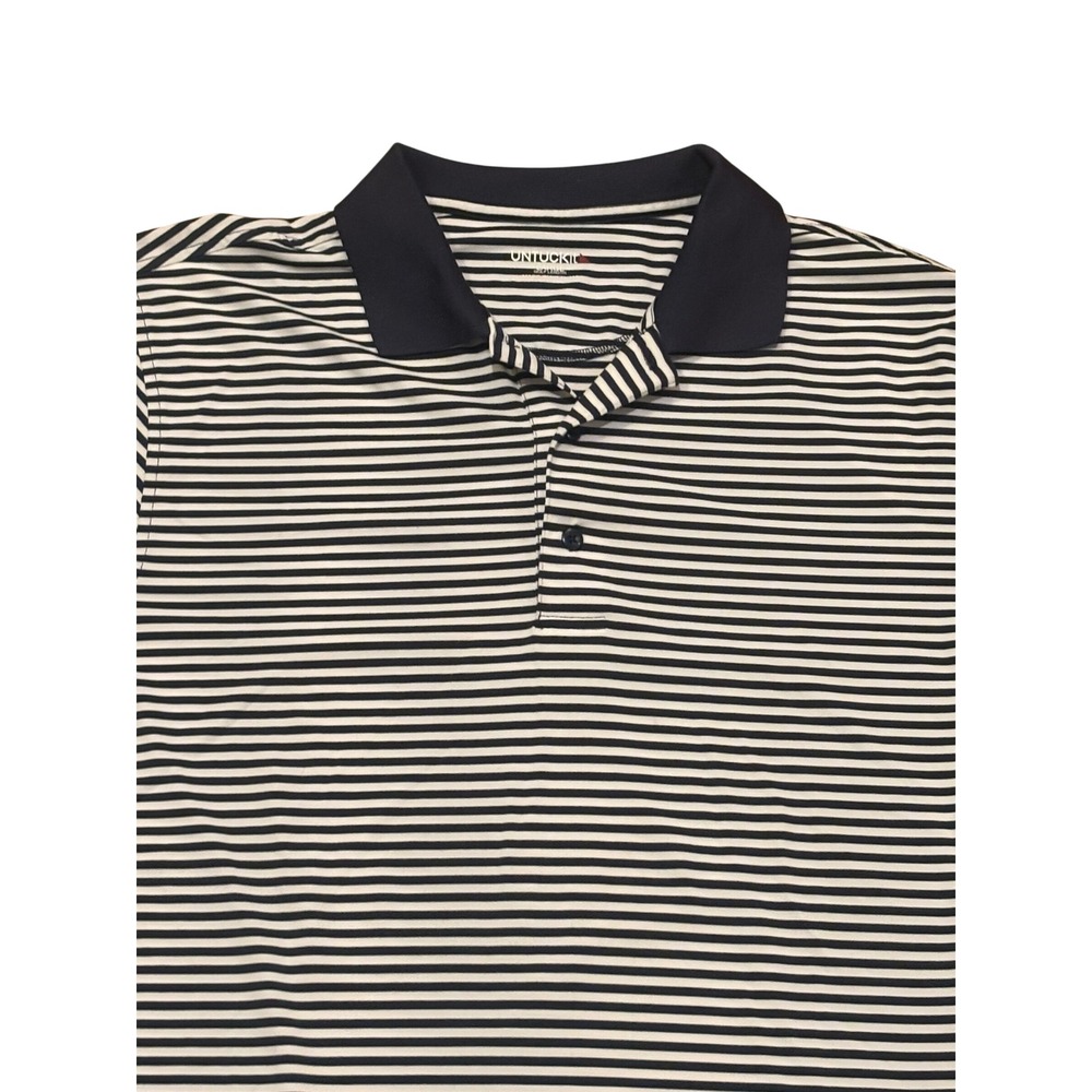 UNTUCKit Mens Polo Shirt Large Navy Blue White Striped Short Sleeve Golf Length
